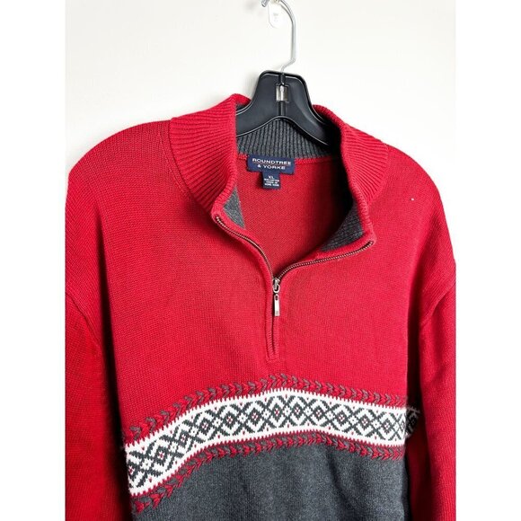 Roundtree & Yorke Fair Isle Chunky Quarter Zip Sweater XL Red Gray Mens - Picture 2 of 4